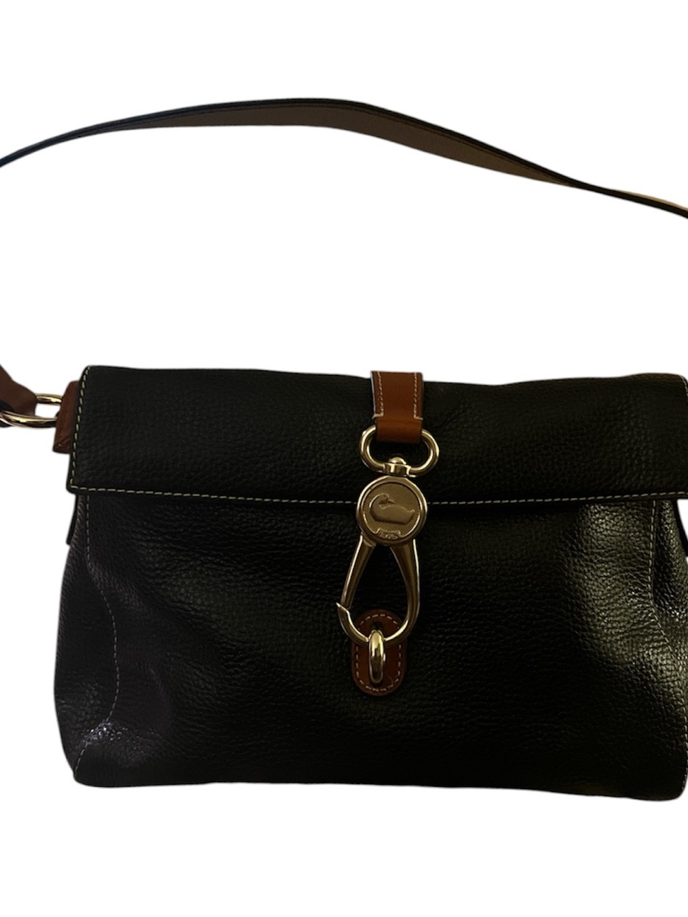 Dooney & Bourke Black Shoulder Bag with Brown Strap and Gold Hardware